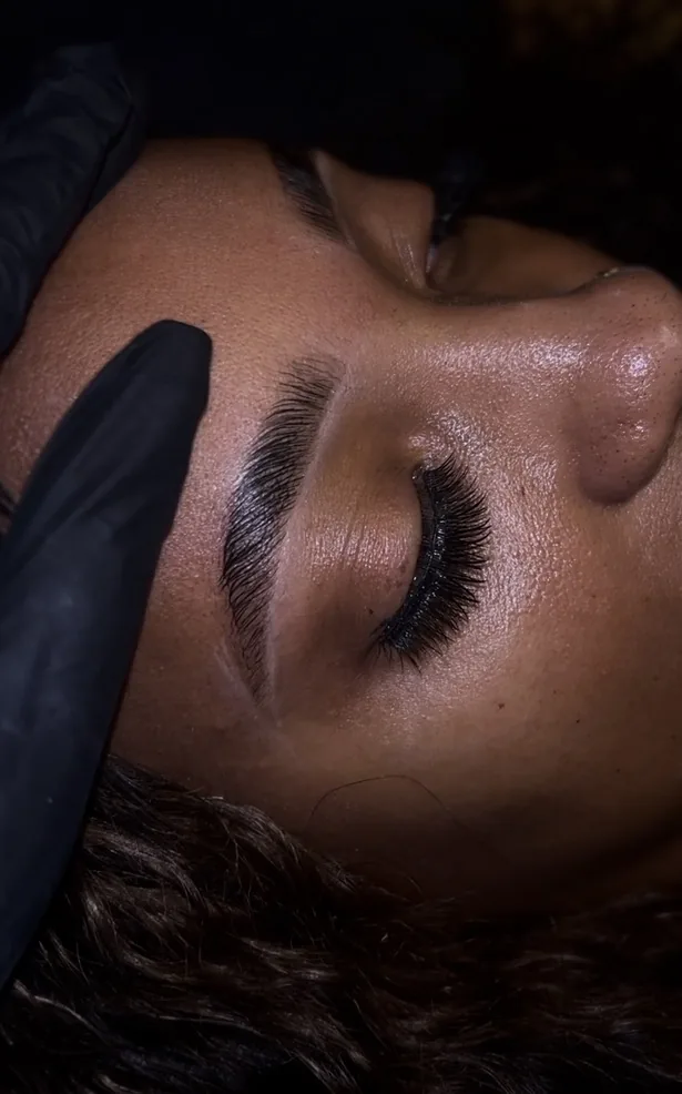 Close-up of a brow lamination result by NORESTHETICS — brushed-up, defined brows with volume and lash extensions, Fort Washington, Maryland